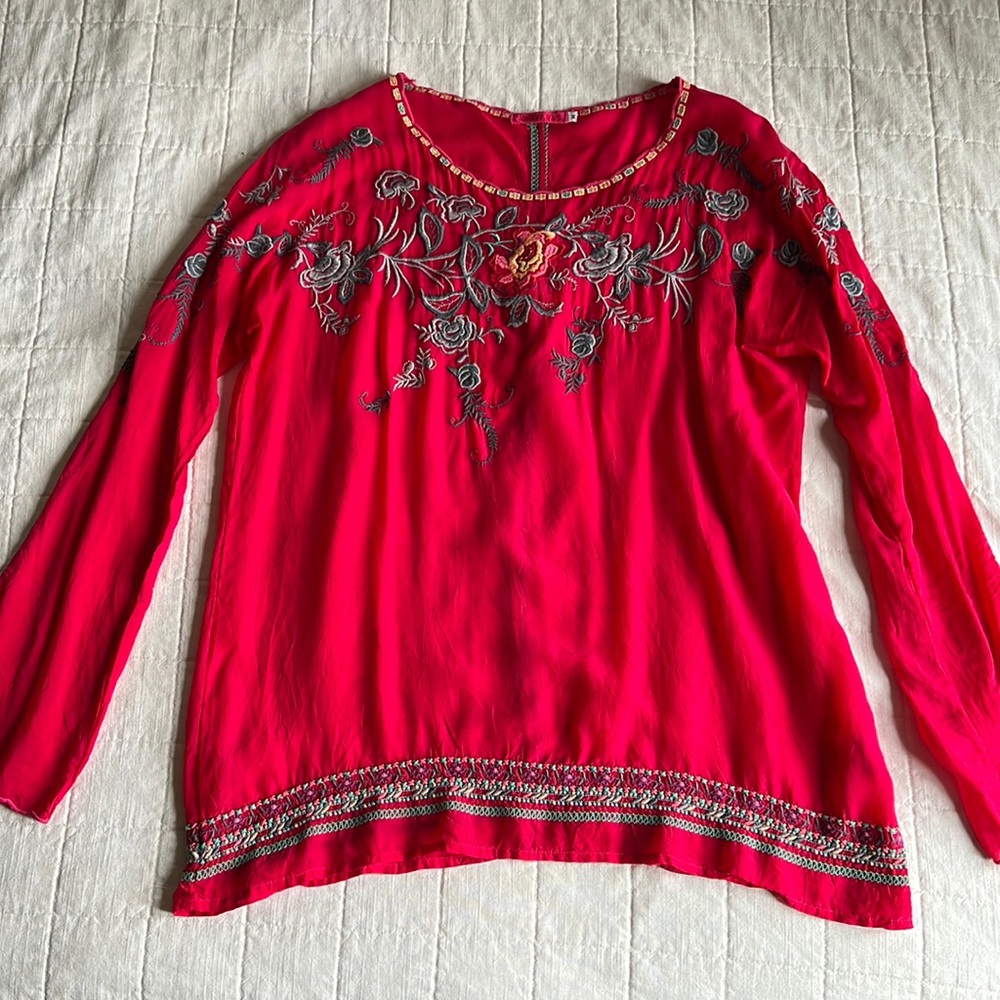 Johnny Was embroidered red floral long sleeves top. Excellent condition.